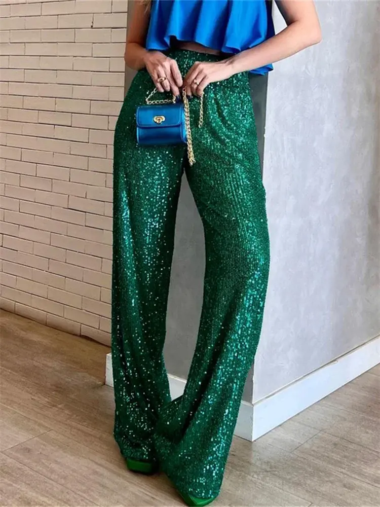 Women Sequin Wide Leg Pants Stretchy High Waist Loose Straight Trousers Club Party Elegant Long Pants Streetwear