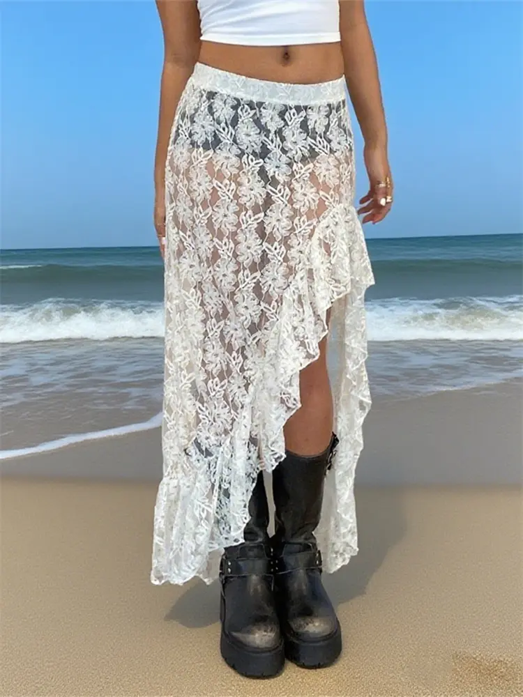 Women's Floral Lace Long Skirts Elastic Waist Asymmetrical Hem Ruffle Midi Skirt for Beach Party 2024 Summer Clubwear