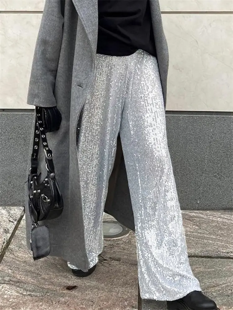 Women Sequin Wide Leg Pants Stretchy High Waist Loose Straight Trousers Club Party Elegant Long Pants Streetwear
