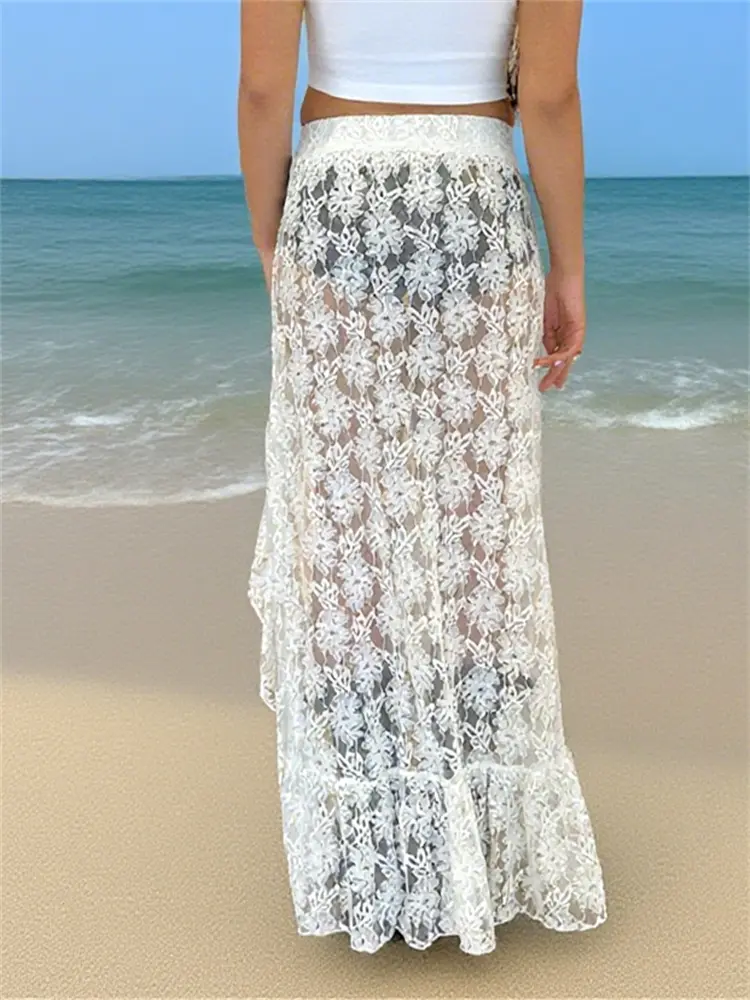 Women's Floral Lace Long Skirts Elastic Waist Asymmetrical Hem Ruffle Midi Skirt for Beach Party 2024 Summer Clubwear