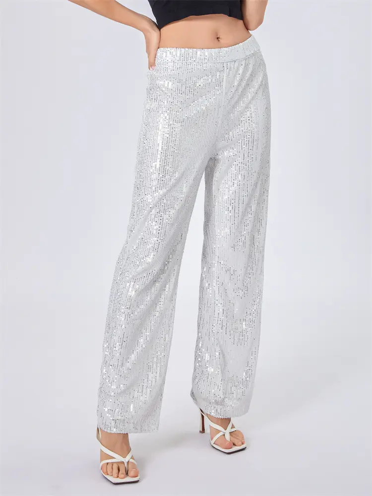 Women Sequin Wide Leg Pants Stretchy High Waist Loose Straight Trousers Club Party Elegant Long Pants Streetwear