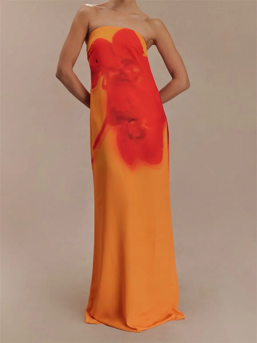 Women Long Dress Floral Print Strapless Tube Dress for Party Evening Elegant Summer Fashion Casual Dresses