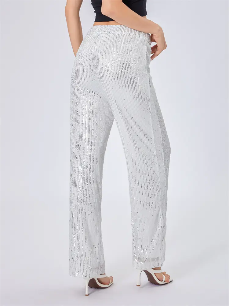 Women Sequin Wide Leg Pants Stretchy High Waist Loose Straight Trousers Club Party Elegant Long Pants Streetwear