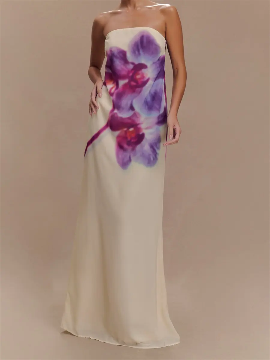 Women Long Dress Floral Print Strapless Tube Dress for Party Evening Elegant Summer Fashion Casual Dresses