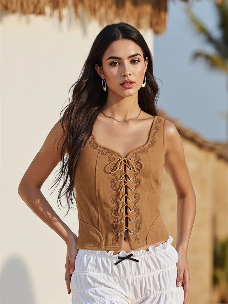 Women's Tie Bow Front Vest Stylish Embroidered V Neck Sleeveless Tank Tops for Summer