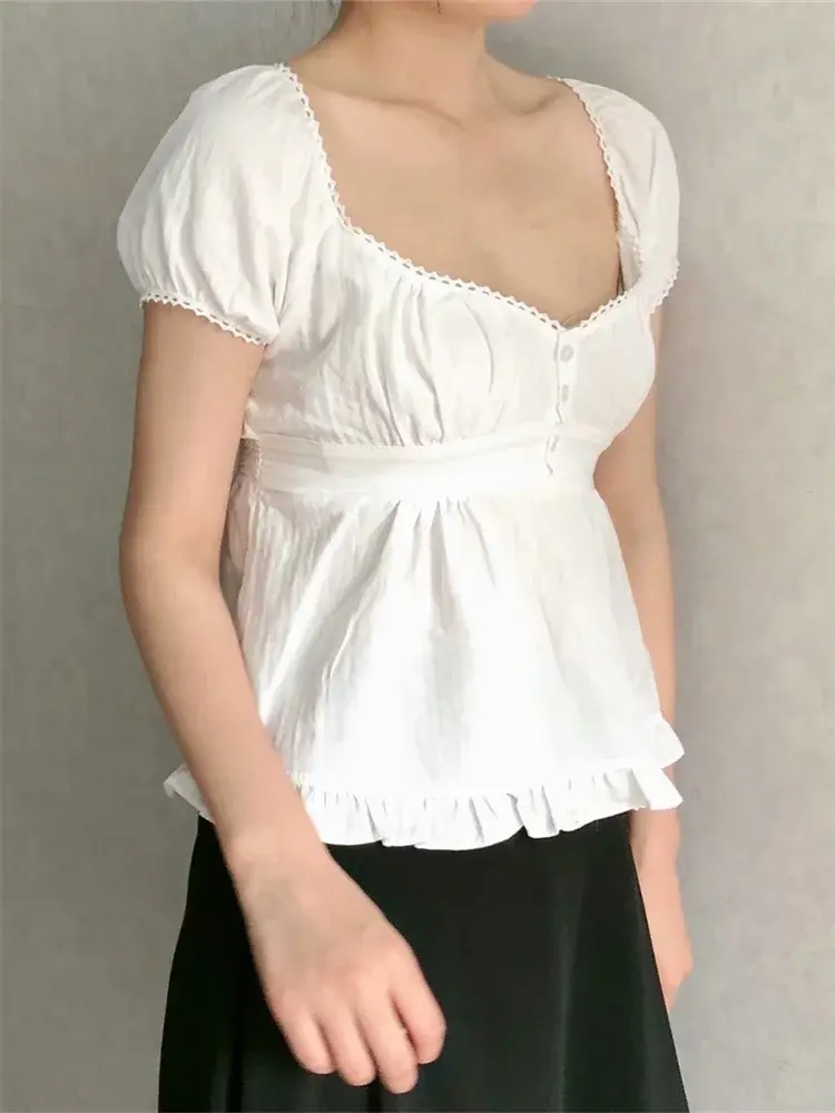 Women Summer Tops and Blouses Puff Short Sleeve Square Neck Ruffle Shirts Casual Vintage Chic Blouse