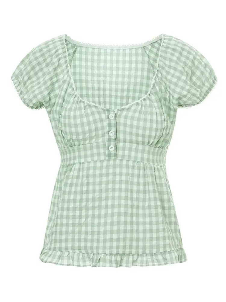 Women Summer Tops and Blouses Puff Short Sleeve Square Neck Ruffle Shirts Casual Vintage Chic Blouse