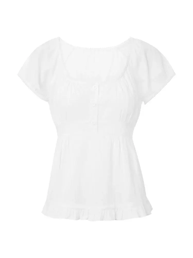 Women Summer Tops and Blouses Puff Short Sleeve Square Neck Ruffle Shirts Casual Vintage Chic Blouse