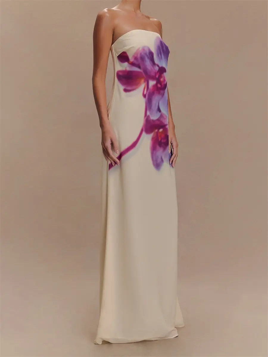 Women Long Dress Floral Print Strapless Tube Dress for Party Evening Elegant Summer Fashion Casual Dresses