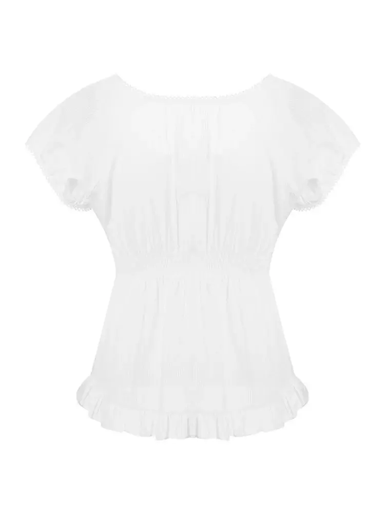 Women Summer Tops and Blouses Puff Short Sleeve Square Neck Ruffle Shirts Casual Vintage Chic Blouse