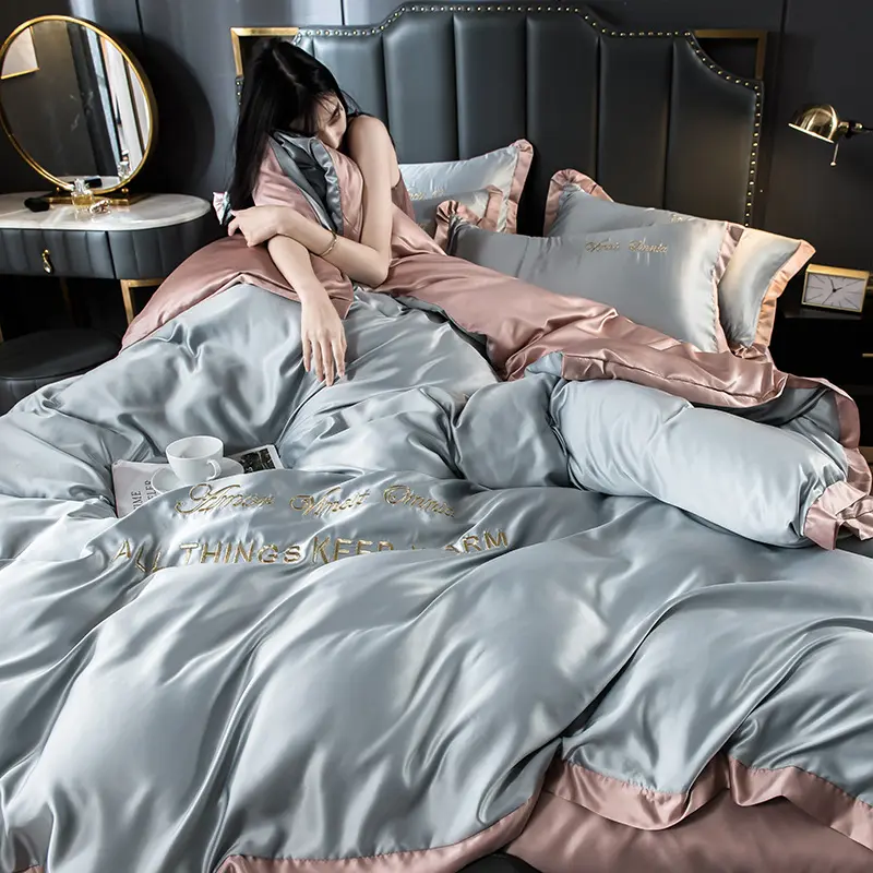 Solid Nordic Style Rayon Silk Summer Bed Set Satin Cooling Smooth Bedding Soft Sets Queen/king Double Single Size Comforter Kit