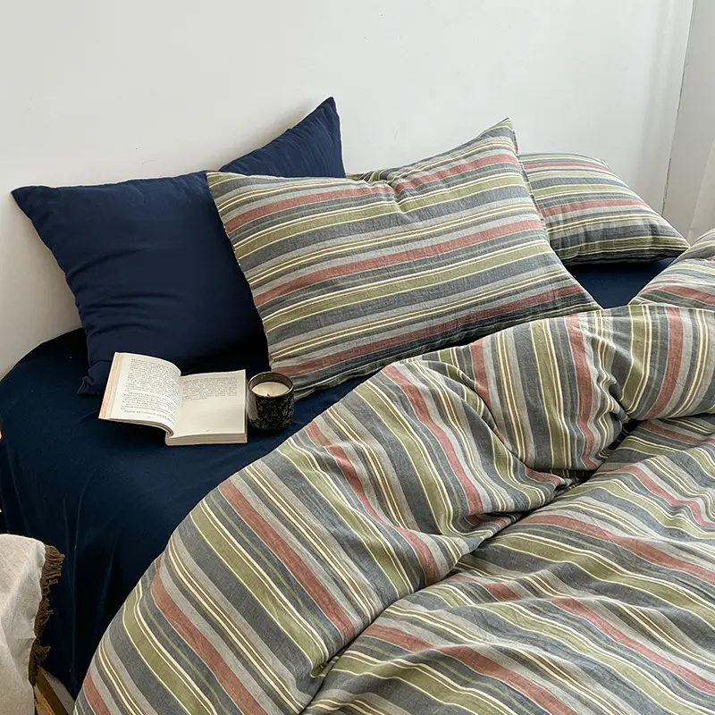 Japanese Skin-Friendly Cotton Striped Bedding Sets Breathable Non Fading Fitted Sheet Set Queen/king Size Bedroom Decoration
