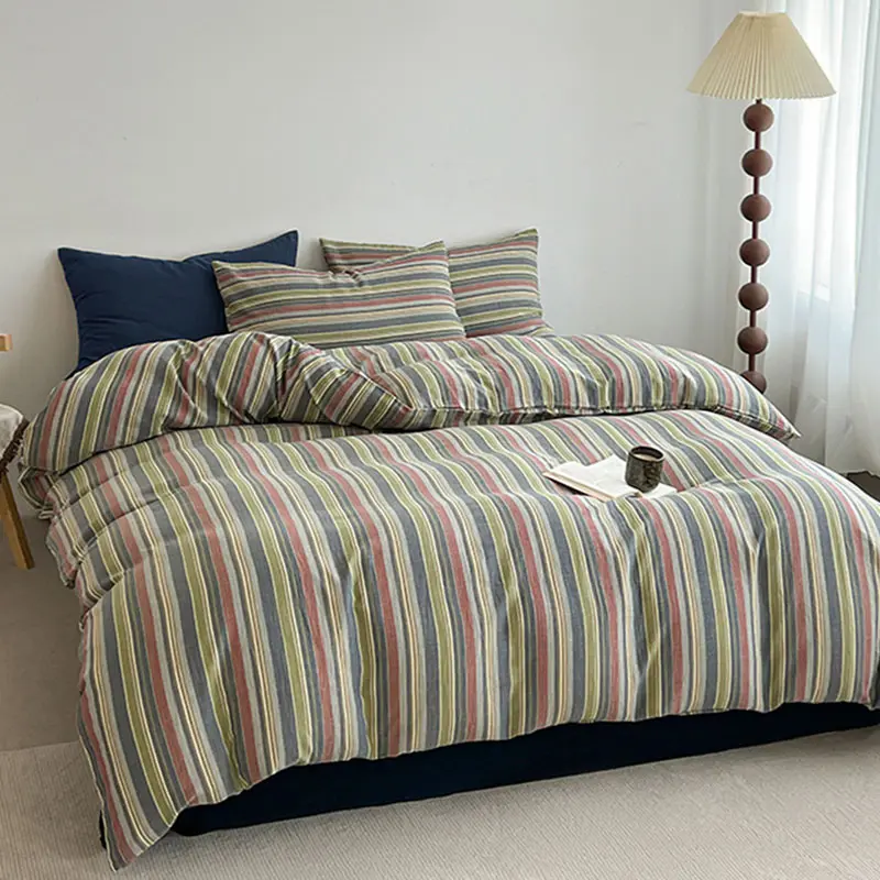 Japanese Skin-Friendly Cotton Striped Bedding Sets Breathable Non Fading Fitted Sheet Set Queen/king Size Bedroom Decoration