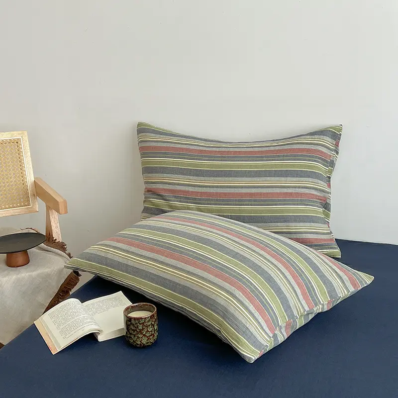 Japanese Skin-Friendly Cotton Striped Bedding Sets Breathable Non Fading Fitted Sheet Set Queen/king Size Bedroom Decoration