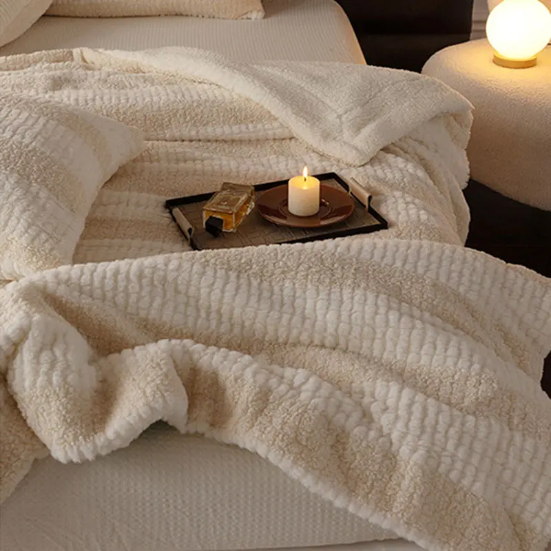 Thick Composite Lamb Wool Striped Blankets Soft and Skin Friendly Blanket for Office Nap Single Warm Bed Cover for All Seasons