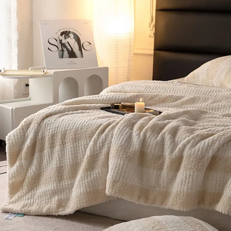 Thick Composite Lamb Wool Striped Blankets Soft and Skin Friendly Blanket for Office Nap Single Warm Bed Cover for All Seasons