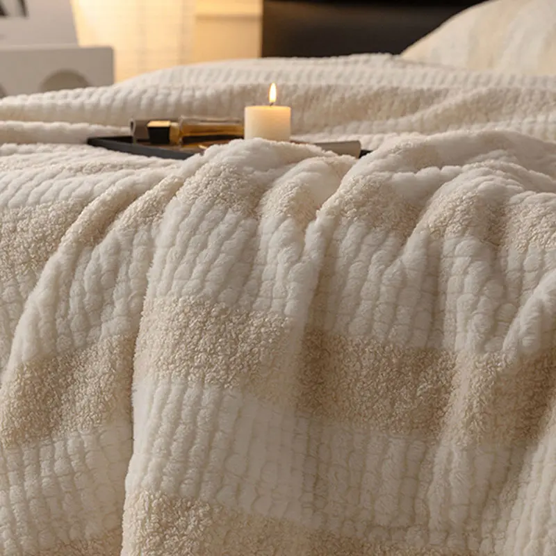 Thick Composite Lamb Wool Striped Blankets Soft and Skin Friendly Blanket for Office Nap Single Warm Bed Cover for All Seasons