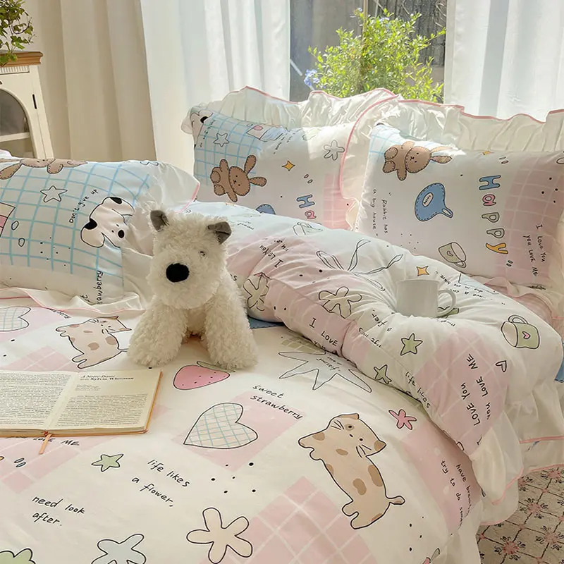 Korean Cartoon Printed Bedding Set Super Soft Fitted Sheet Pillowcase Quilt Cover with Lace Adult Student Dorm Textile Supplies