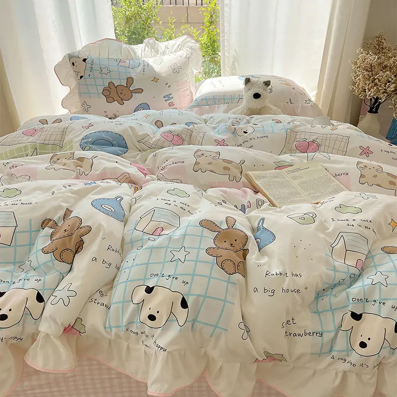 Korean Cartoon Printed Bedding Set Super Soft Fitted Sheet Pillowcase Quilt Cover with Lace Adult Student Dorm Textile Supplies