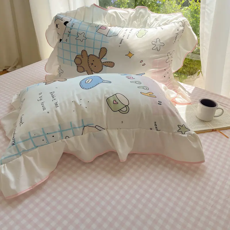 Korean Cartoon Printed Bedding Set Super Soft Fitted Sheet Pillowcase Quilt Cover with Lace Adult Student Dorm Textile Supplies