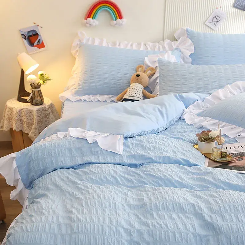 French Style Foam Bedding Sets with Lace Solid Color Romantic Summer Soft Comforter Set Twin Full Queen King Size Bed Linens