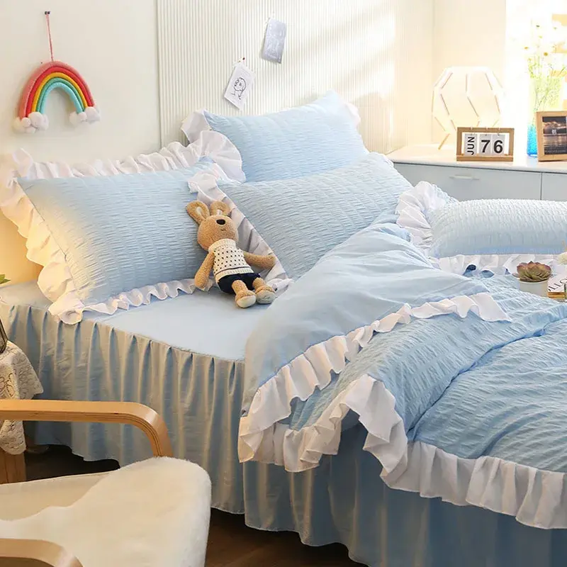 French Style Foam Bedding Sets with Lace Solid Color Romantic Summer Soft Comforter Set Twin Full Queen King Size Bed Linens