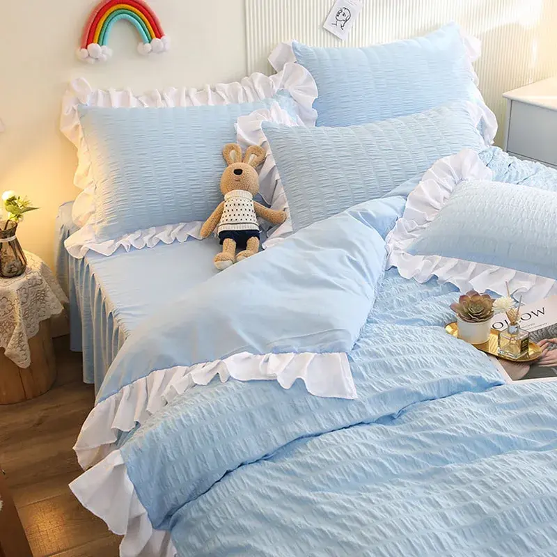 French Style Foam Bedding Sets with Lace Solid Color Romantic Summer Soft Comforter Set Twin Full Queen King Size Bed Linens