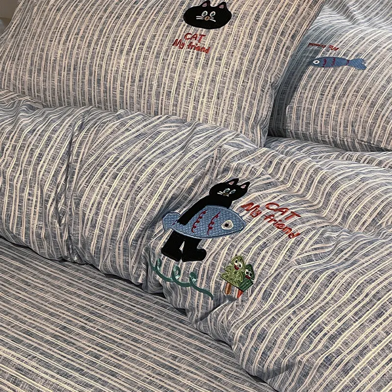 New Cotton Hemp Embroidery Bedding Sheet Sets Solid Cartoon Comfortable Soft Duvet Cover Kit Fitted Sheet Set for Single Queen