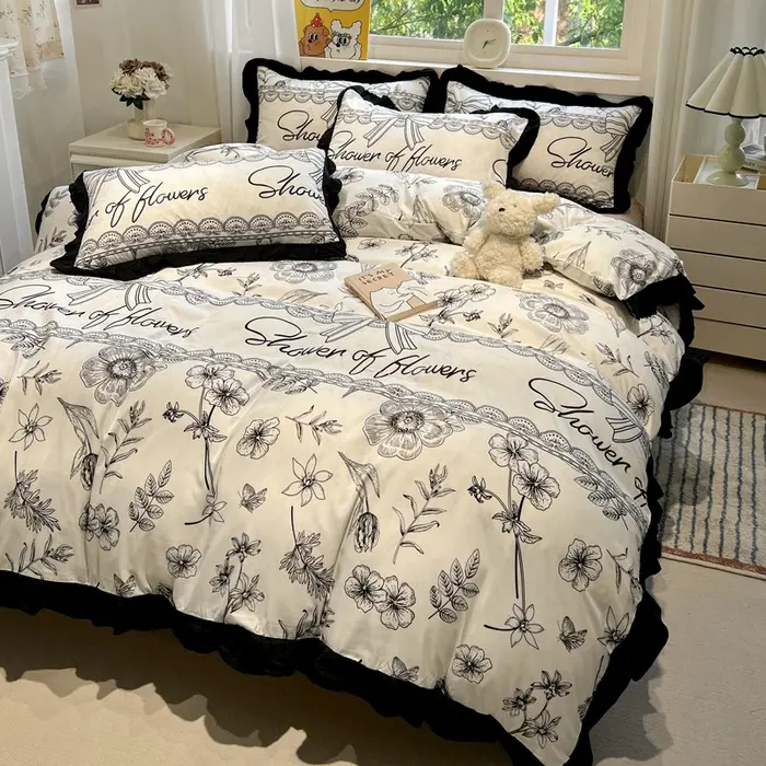 Hepburn Style Floral Print Bedding Sets Elegant Lace Super Soft Cozy Flat Sheet Set Home Dorm Textile Supplies for All Seasons
