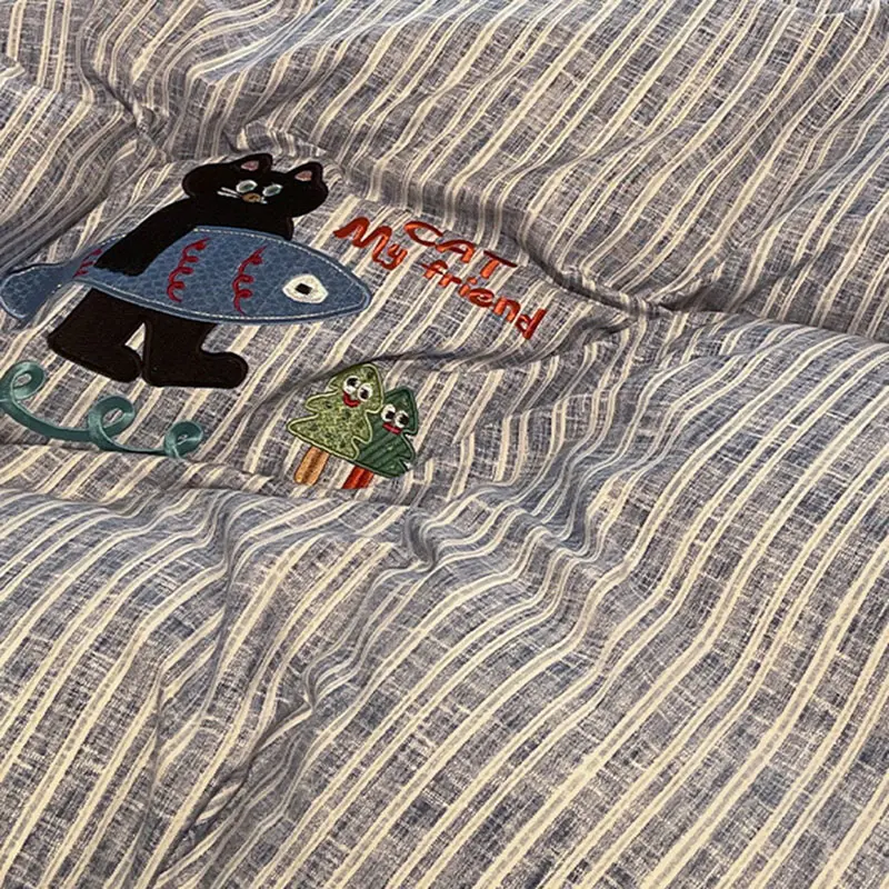 New Cotton Hemp Embroidery Bedding Sheet Sets Solid Cartoon Comfortable Soft Duvet Cover Kit Fitted Sheet Set for Single Queen