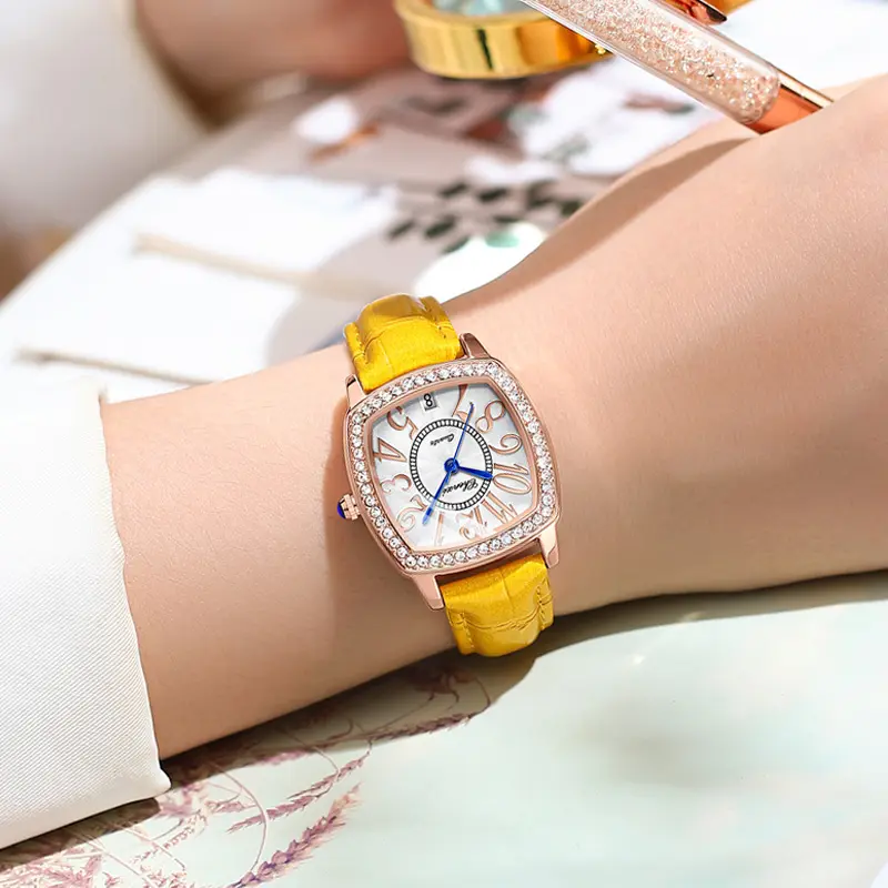 Casual Fashion Women Watches Holiday Gift for Ladies Beautiful Rhinestone Square Dial Quartz Wristwatch Leather Strap Waterproof