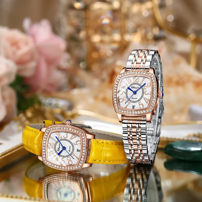 Casual Fashion Women Watches Holiday Gift for Ladies Beautiful Rhinestone Square Dial Quartz Wristwatch Leather Strap Waterproof