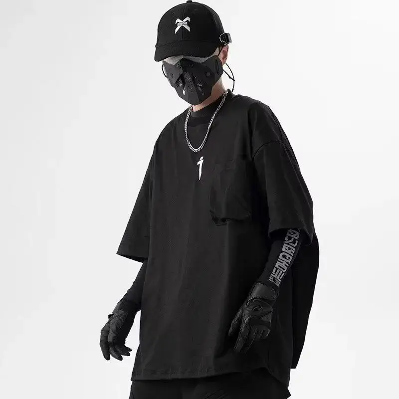 Fashion Y2k Men Tshirts Techwear Stylish Cape Design Casual Streetwear Anime Clothing Tops Tee Shirts for Men Oversized Summer