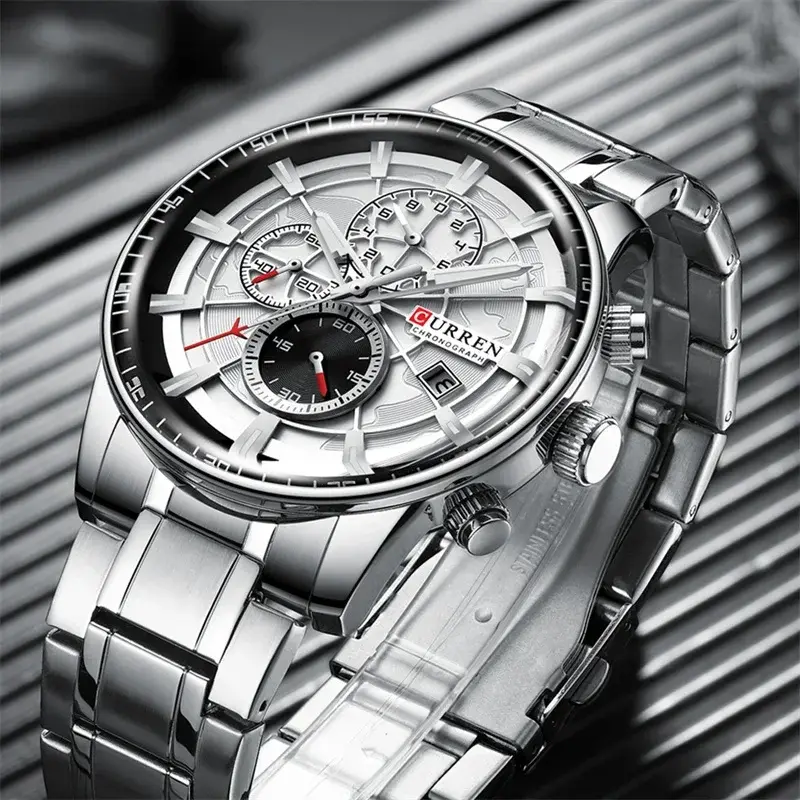 Luxury Business Men's Watches Silver Stainless Steel Waterproof Multi Function Chronograph Wrist Watches for Men Top Brand