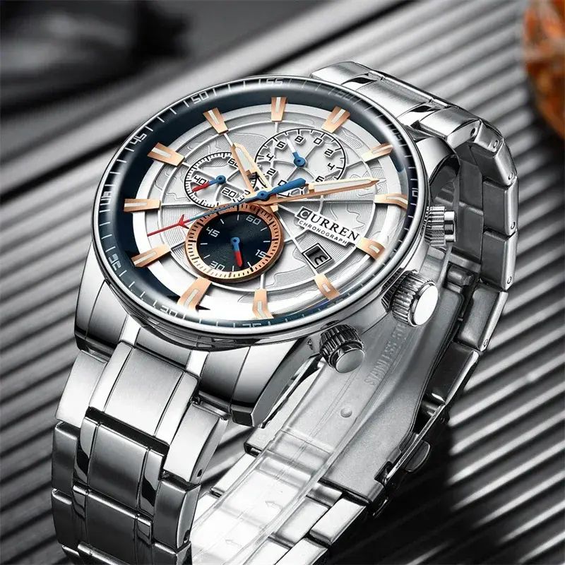 Luxury Business Men's Watches Silver Stainless Steel Waterproof Multi Function Chronograph Wrist Watches for Men Top Brand