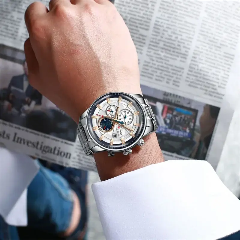 Luxury Business Men's Watches Silver Stainless Steel Waterproof Multi Function Chronograph Wrist Watches for Men Top Brand