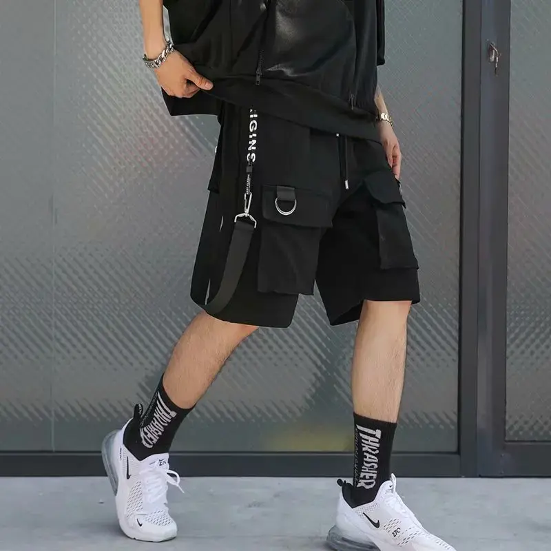 Techwear Shorts for Men Y2k Streetwear Japanese Fashion Harajuku Punk Summer Sport Cargo Shorts Men Baggy Clothing with Ribbons
