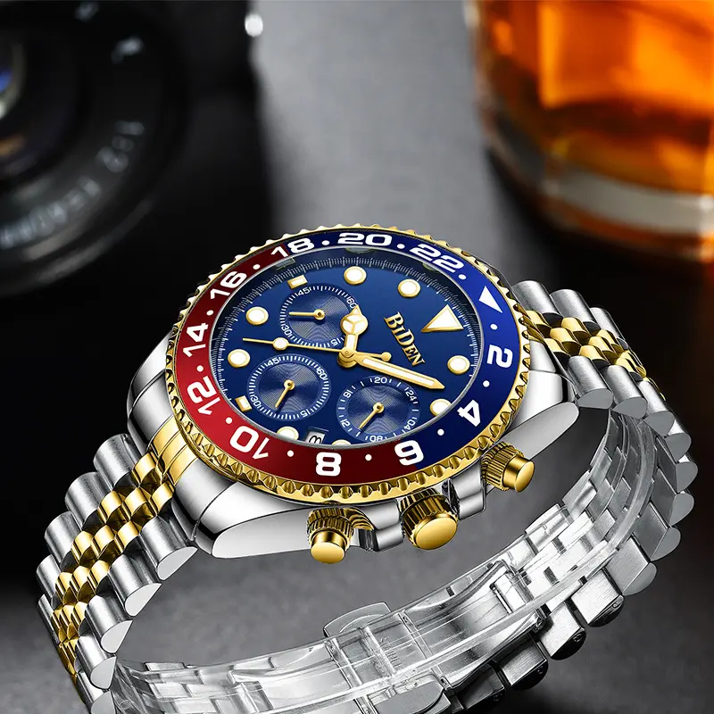 Luxury Top Brand Gold Watch Men Stainless Steel Butterfly Buckle Chronograph Watches Waterproof Male Business Dress BIDEN Clock