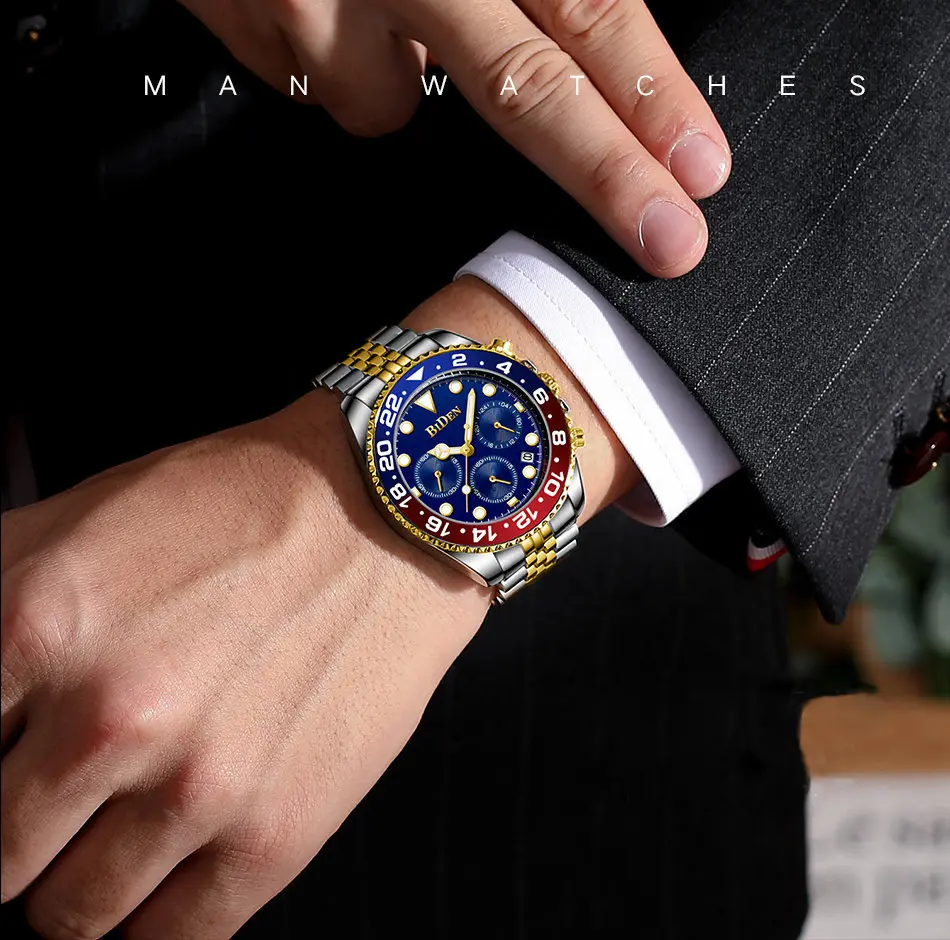 Luxury Top Brand Gold Watch Men Stainless Steel Butterfly Buckle Chronograph Watches Waterproof Male Business Dress BIDEN Clock