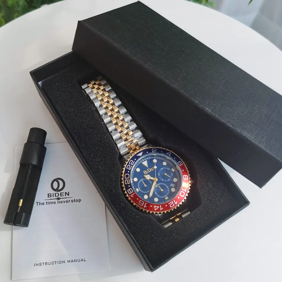 Luxury Top Brand Gold Watch Men Stainless Steel Butterfly Buckle Chronograph Watches Waterproof Male Business Dress BIDEN Clock