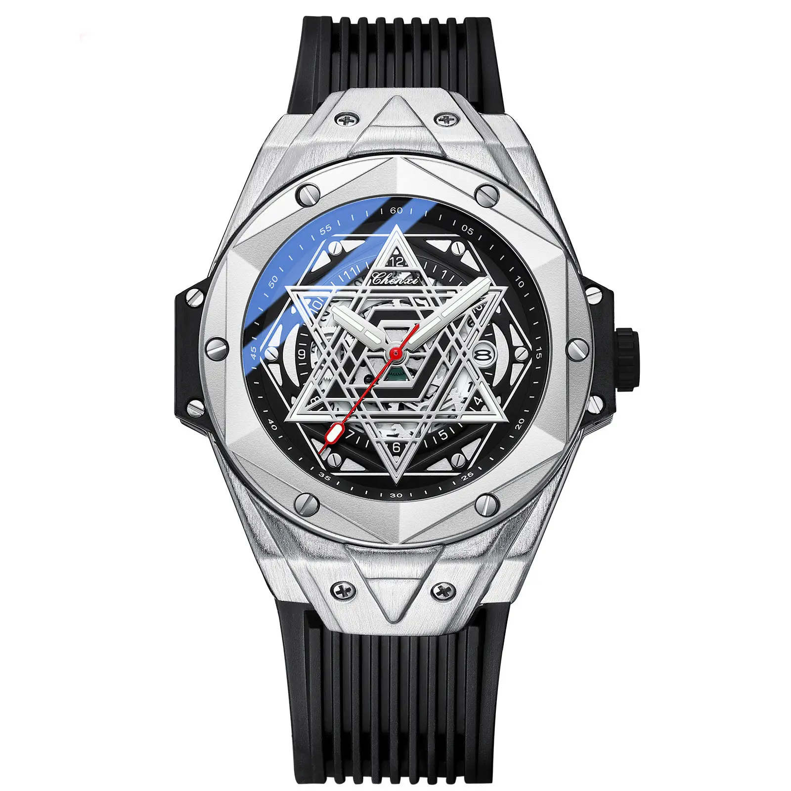 Unique Silver Men's Watches Rubber Strap Waterproof Royal Hexagram Fashion Casual Sport Quartz Wristwatch for Male Gift New
