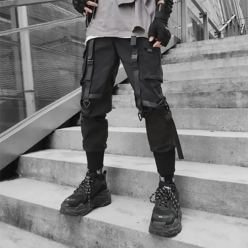 Harajuku Streetwear Techwear Men Clothing Joggers Cargo Pants for Men Fashion Ribbons Hip Hop Punk Y2k Anime Japanese Pants