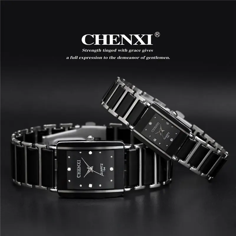 CHENXI Brand Lady Watch Elegant Black Ceramics Simple Minimalism Small Narrow Quartz Casual Women Clock Rhinestone Wristwatch