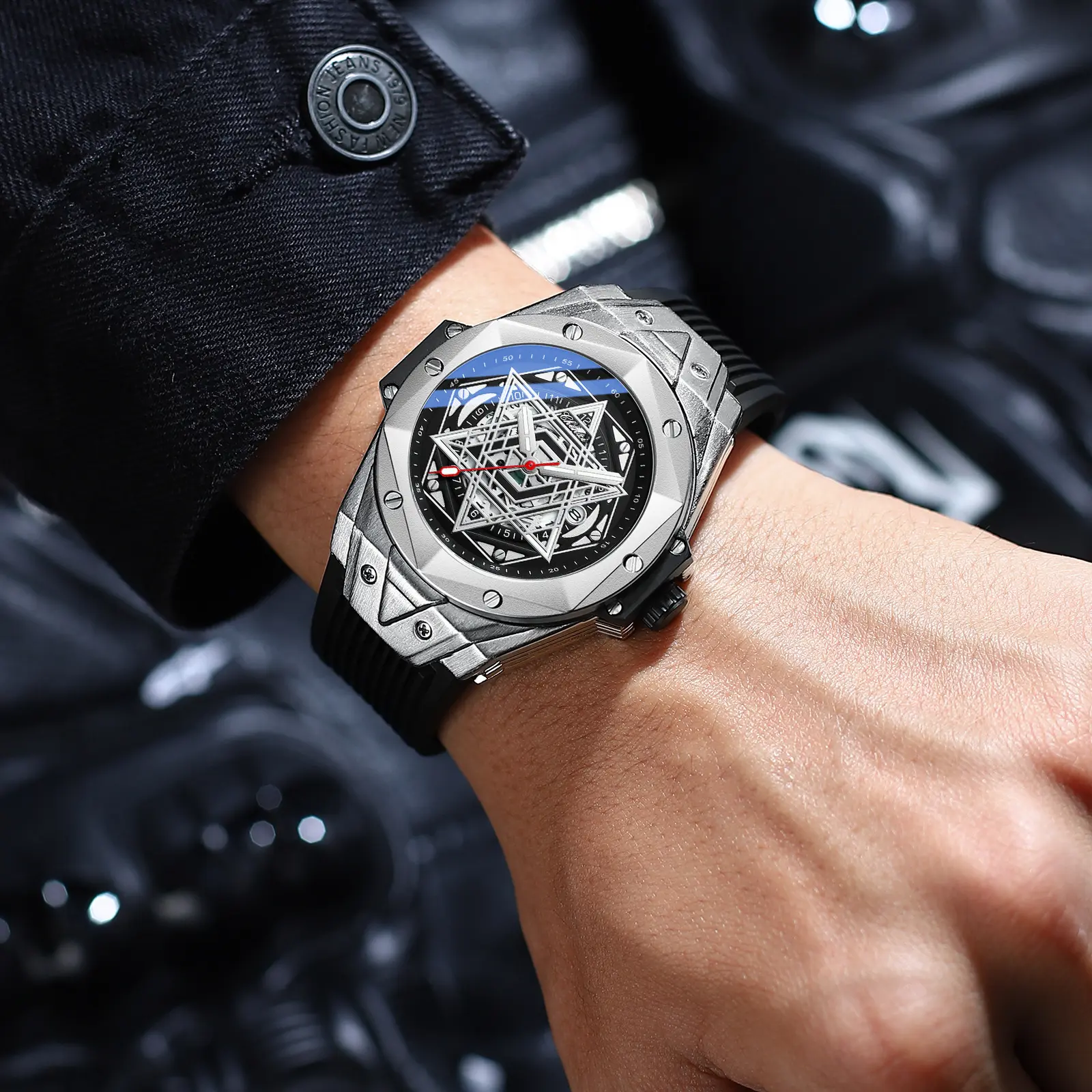 Unique Silver Men's Watches Rubber Strap Waterproof Royal Hexagram Fashion Casual Sport Quartz Wristwatch for Male Gift New