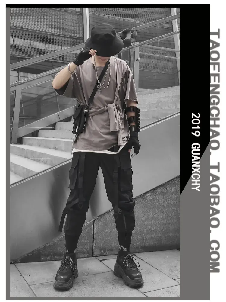 Harajuku Streetwear Techwear Men Clothing Joggers Cargo Pants for Men Fashion Ribbons Hip Hop Punk Y2k Anime Japanese Pants
