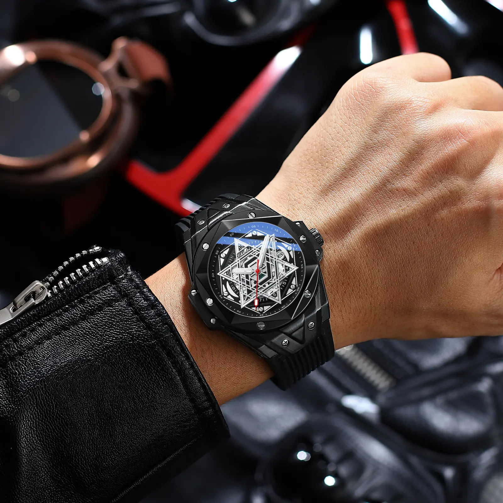 Unique Silver Men's Watches Rubber Strap Waterproof Royal Hexagram Fashion Casual Sport Quartz Wristwatch for Male Gift New