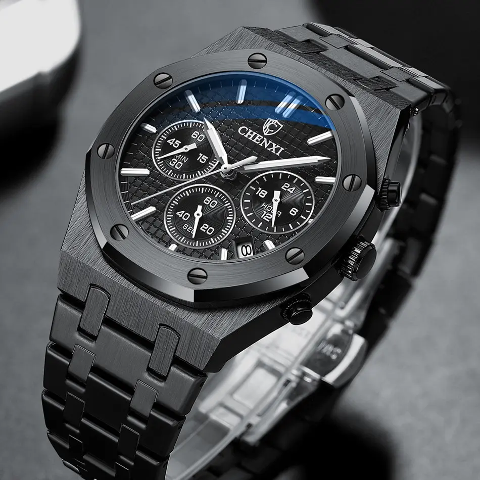 Unique Black Steel Chrono Watch Men Fashion Casual Calendar Butterfly Buckle Business Quartz Male's Watches Luxury Top Brand