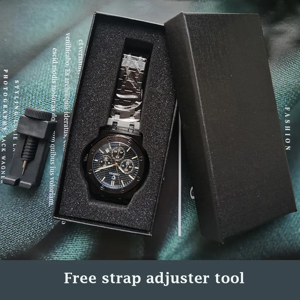 Unique Black Steel Chrono Watch Men Fashion Casual Calendar Butterfly Buckle Business Quartz Male's Watches Luxury Top Brand