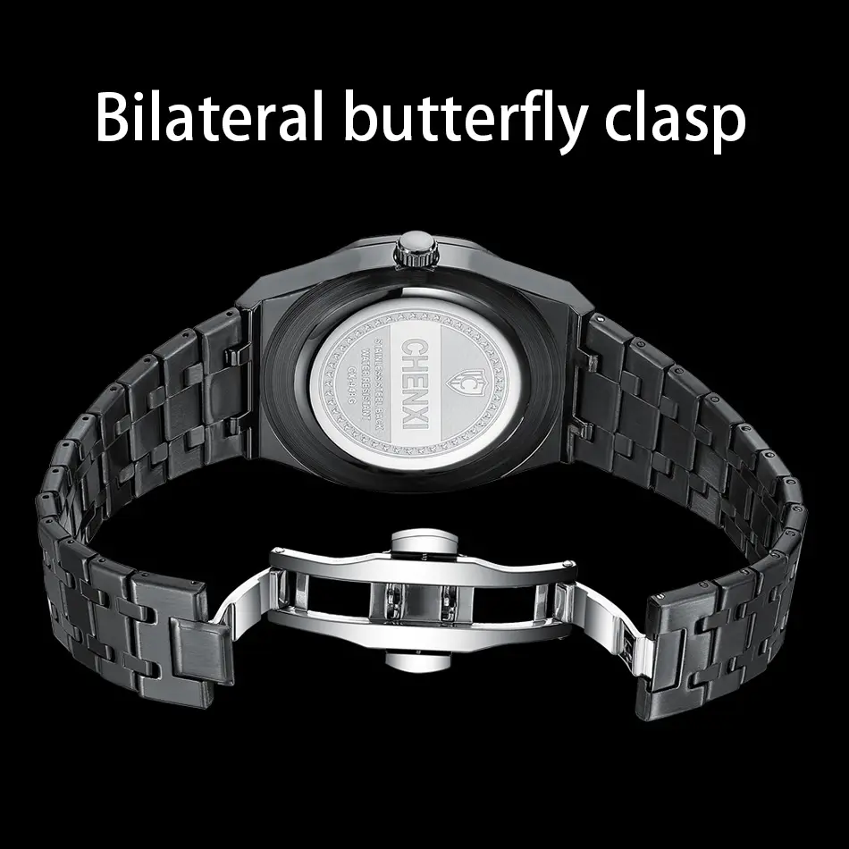 Unique Black Steel Chrono Watch Men Fashion Casual Calendar Butterfly Buckle Business Quartz Male's Watches Luxury Top Brand
