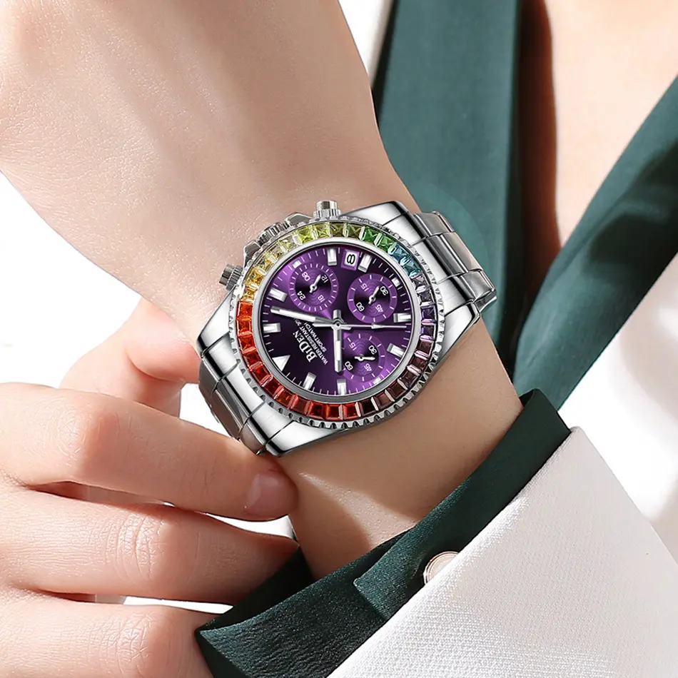 Fashion BIDEN Brand Lady Dress Watch Calendar Colorful Rhinestone Dial Casual Business Women Wristwatch Silver Stainless Steel
